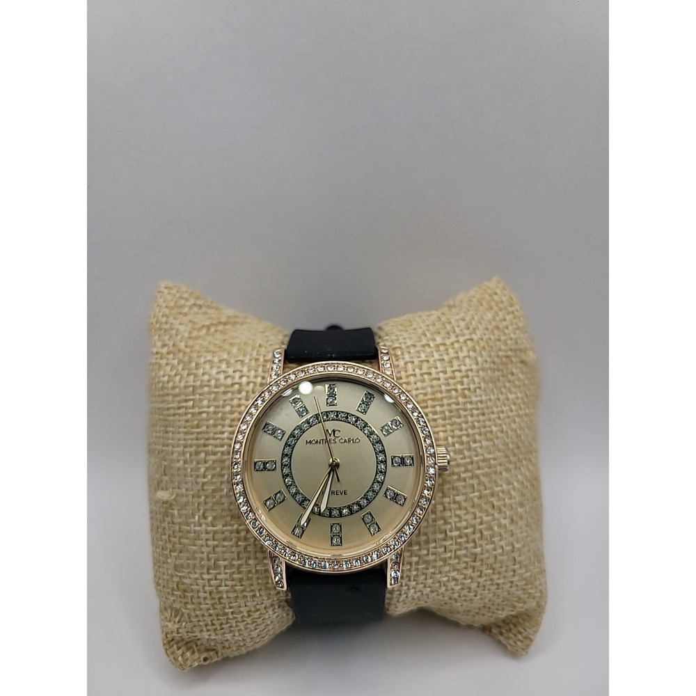 Vintage Montres Carlo L Reve 5440 Gold Tone Crystal Watch Black‎ Silicone Band
